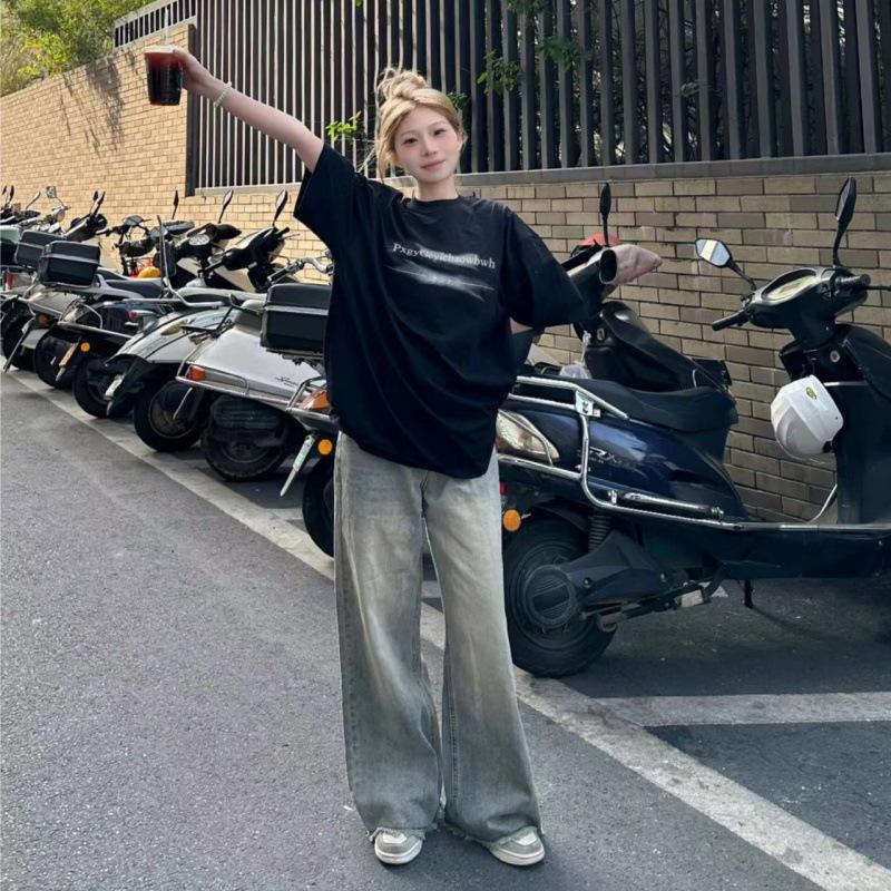 

Women s Trendy American Letter Print Crew Neck T-Shirt - Loose Fit, Short Sleeve Summer Top 2XL (Length 76) чёрный