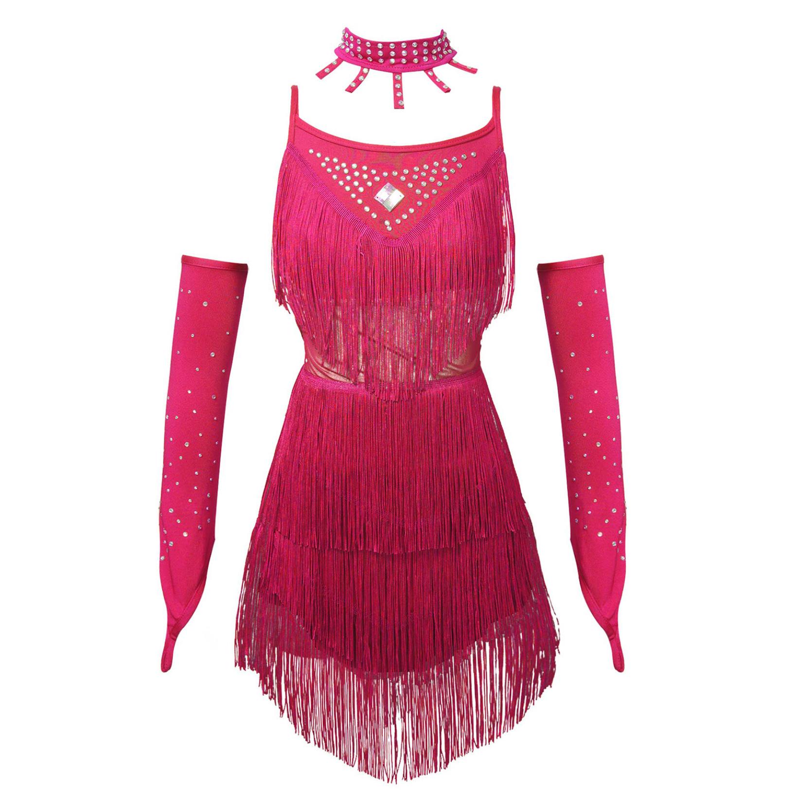 

4 шт. Танцевальный костюм с кисточками, платье с шортами-боксерами, рукавами и воротником, комплект для детей, девочек, костюм для выступлений 12-14 Years горячий розовый