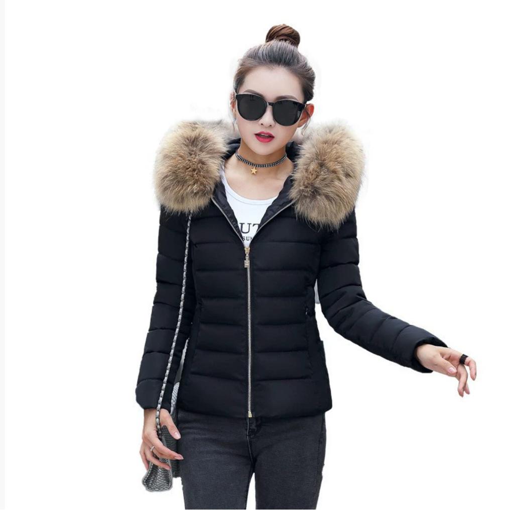 Women's Long Sleeve Hooded Jacket Faux Fur Collar Solid Color Winter Warm Puffer Coat Short Outerwear