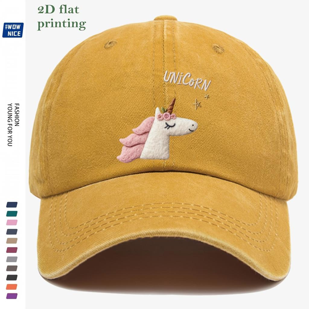 D Flat  pc Unicorn Cartoon Flat DD Flat Printed Baseball Cap Cute Plush Unicorn Head Design Pink And White Color Matching