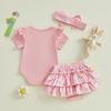 Baby Girl Easter Outfits Letter Embroidery Crew Neck Short Sleeve Romper Ruffles Shorts Headband 3Pcs Clothes Set