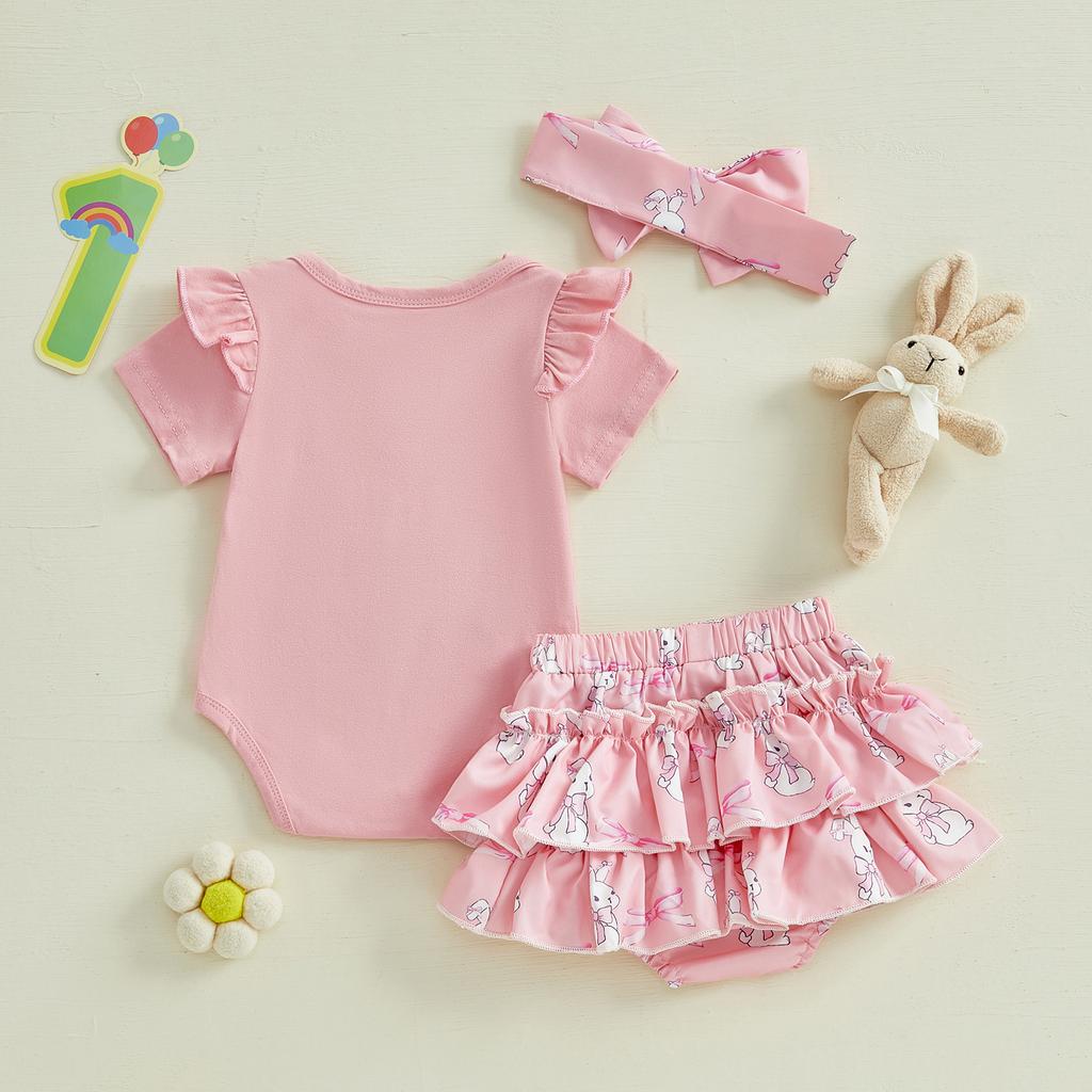 Baby Girl Easter Outfits Letter Embroidery Crew Neck Short Sleeve Romper Ruffles Shorts Headband 3Pcs Clothes Set
