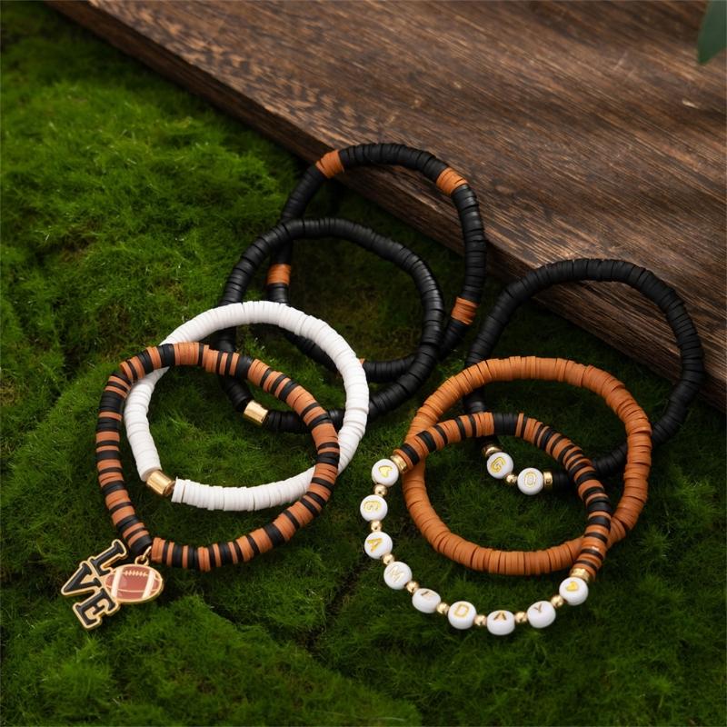 Versatile Unisex Football Charm Letter Beaded Bracelet Elastic Band Handchain for Everyday Wear Street Hand Jewelry