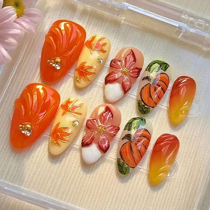 30Pcs Fall Press On Nails Medium Almond Red Maple Leaf Fake Nails with Gradient Designs Fall Leaves Stick On Nails Full Cover Autumn Acrylic Nails
