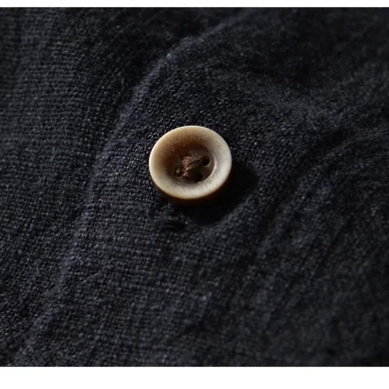 Chinese Style Long Sleeve Men Shirt Traditional Men Clothing Solid Color Stand Collar Cotton Linen Button Shirt Daily Casual Tops Big Pockets
