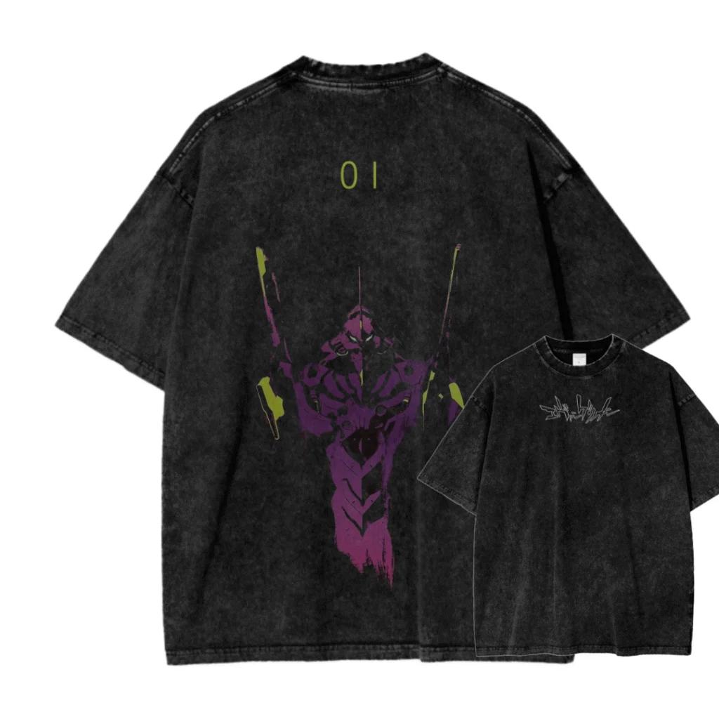 New ACID WASH TEE Neon Genesis Evangelion Printed Tshirt Mens and Womens Washed Tshirt High Quality Vintage Tshirt Top