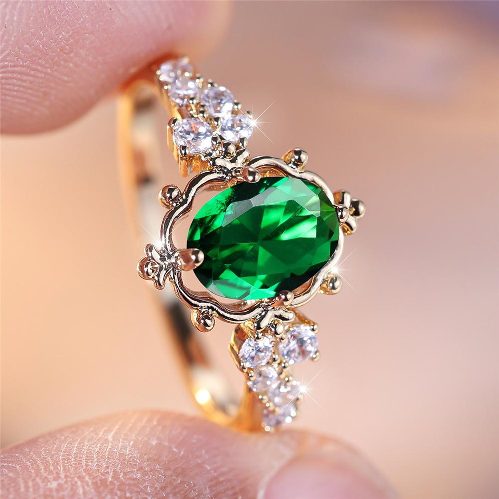Süßer Damenring mit grünem Zirkonstein, goldfarben, Hochzeits Schmuck, Verlobungsringe für Frauen