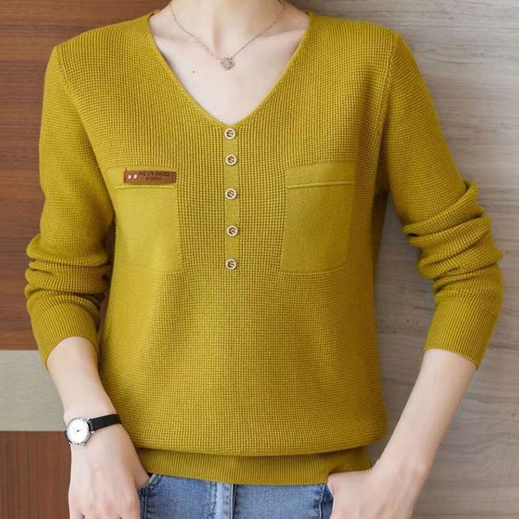 Gestrickter Basic-Pullover für Damen V-Ausschnitt Knopfleiste Langarm Fake-Taschen Pullover Top