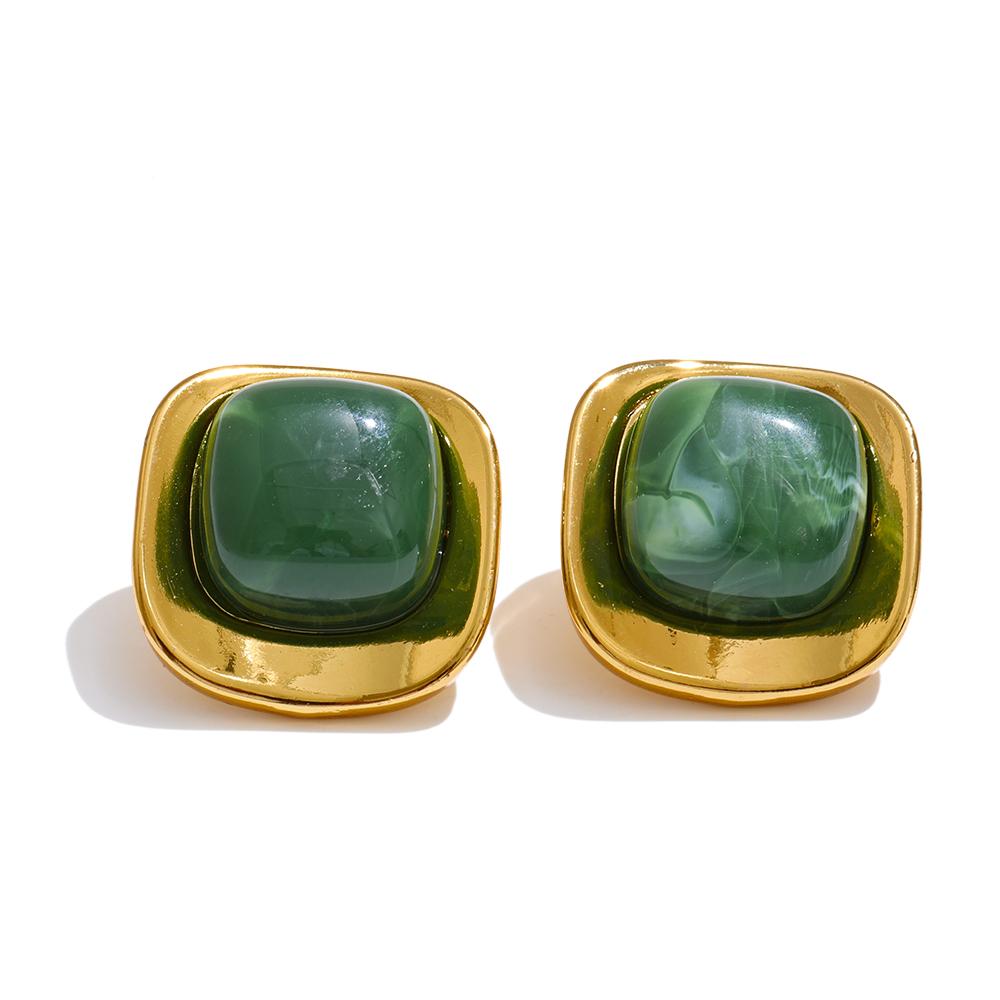 Yhpup White Green Resin Square Stud Earrings 18K Golden PVD Plated Stainless Steel Daily Wear Trending Jewelry Wholesale