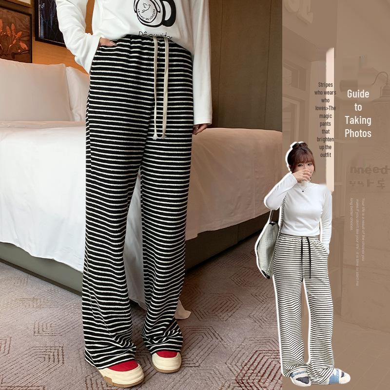 Women's High Waist Striped Terry Cloth Wide Leg Pants - Plus Size, Spring Slimming Draping, Style 63158