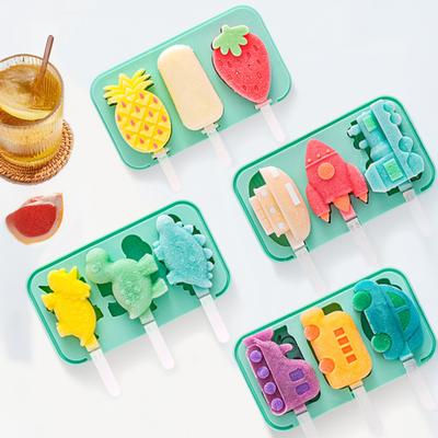 Silicone Ice Cream Mold 3 Cavities Easy Release Dinosaur Car Pineapple Ice Lolly Mold DIY Summer Freezer Ice Stick Container Kitchen Supplies