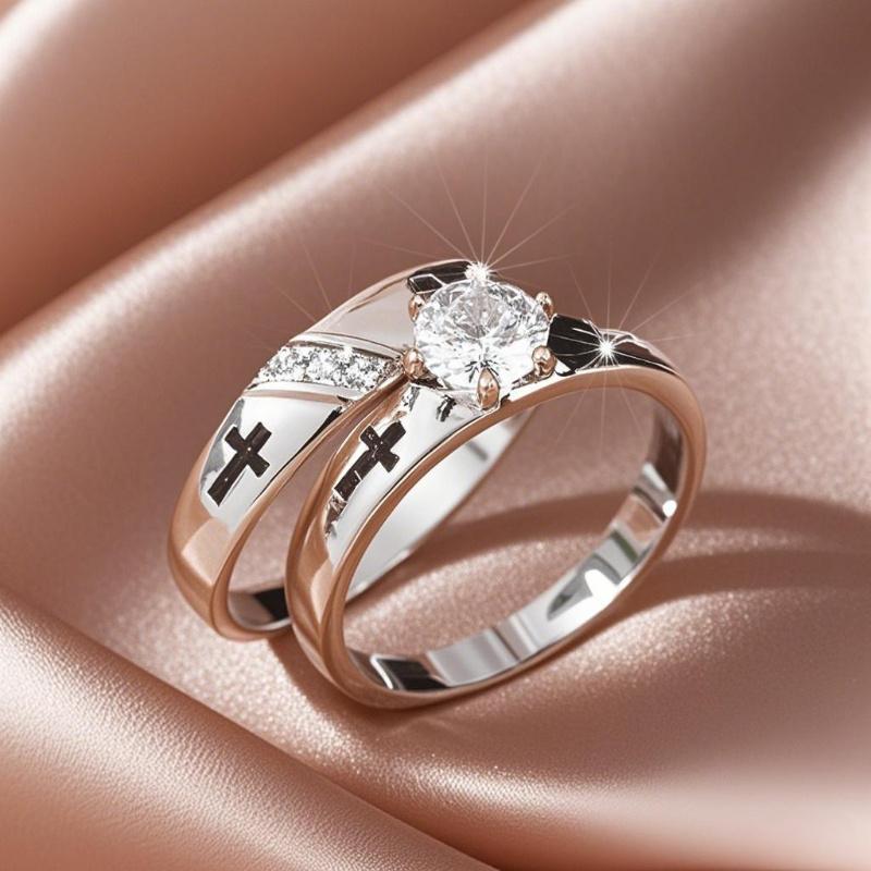 

2pcs Luxury Geometric Elegant Cross Couples Ring for Women Wedding Men Engagement Party Jewelry Accessories 6