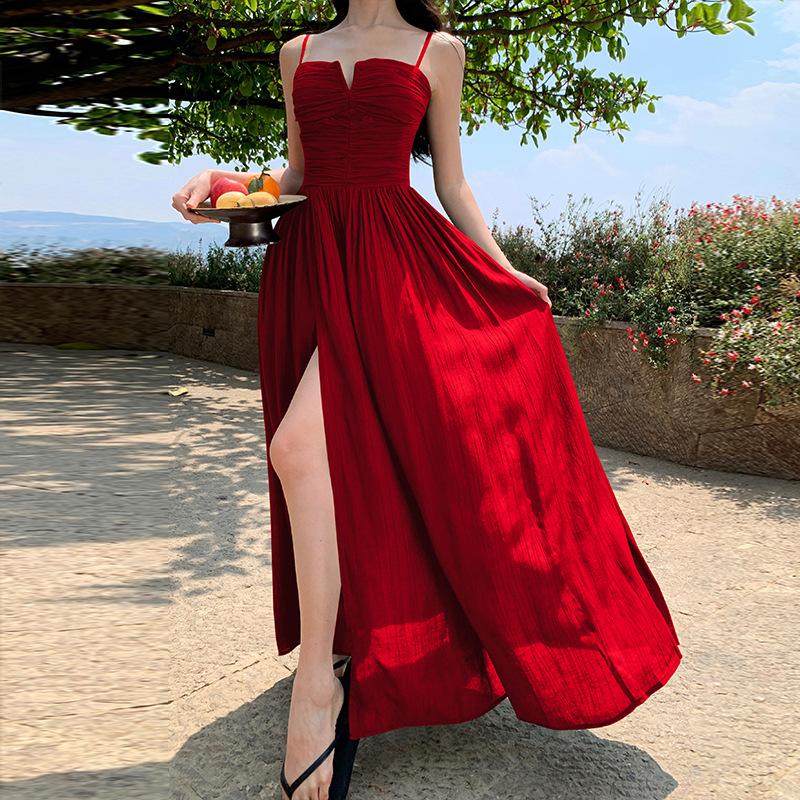 Pure Desire Sexy Backless Sleeveless Suspender Dress Women s Summer New Waist and Thin Design Split Word Skirt S красный