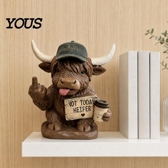 Resin Ornaments Highland Cow Desk Statue, Funny Middle Finger Figurine with Coffee Cup & Sassy Sign, Detailed Carvings Cute Farmhouse Desktop