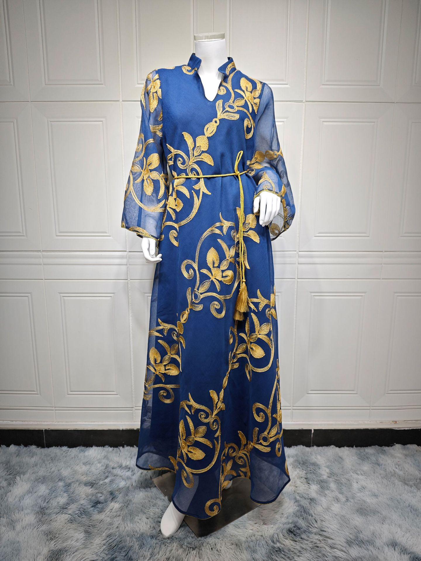 

Платье-сетка с вышивкой Дубай: Европейское мусульманское вечернее платье XXL синий