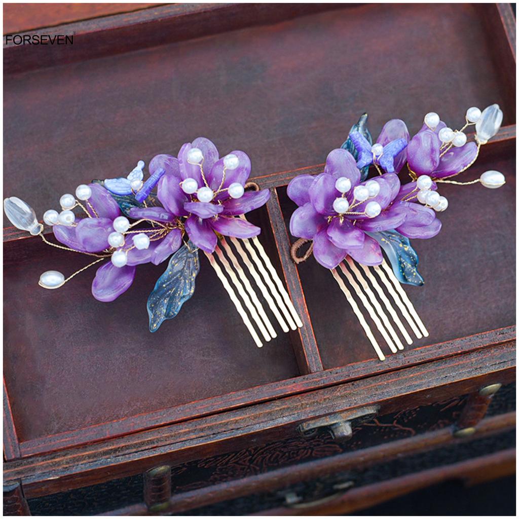Purple Flower Hair Combs Chinese Hairpins Clips Tassel Pendant Jewelry Women Hanfu Dress Cosplay Pearl Butterfly Headpieces