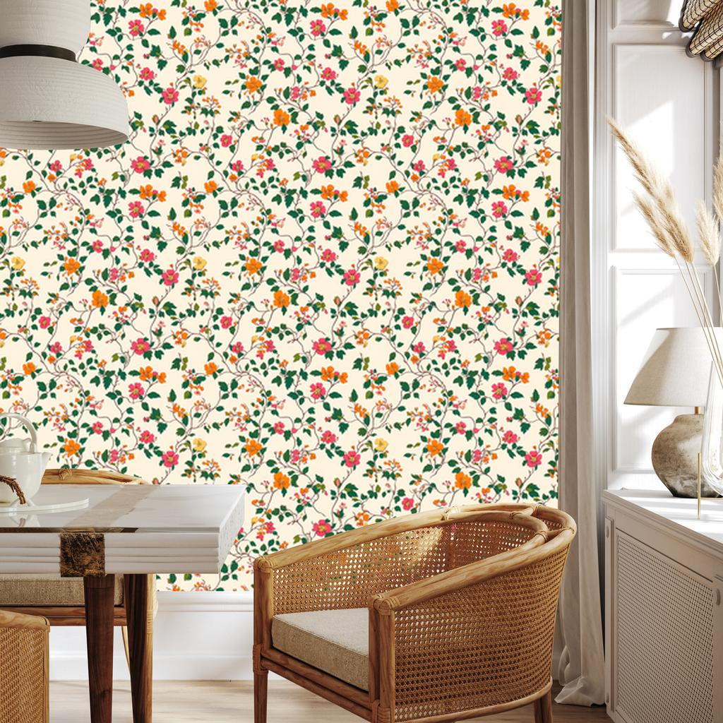 Wallpaper Small Flowers Cream, Beige and Green for Living Room and Bedroom 50x1000