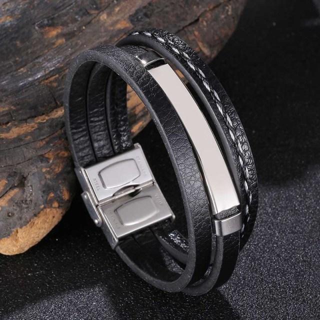 New Trendy Leather Bracelet Men Stainless Steel Handmade Bangles Male Wristband Charm Hand Jewelry Boyfriend Husband Gift Sp1037