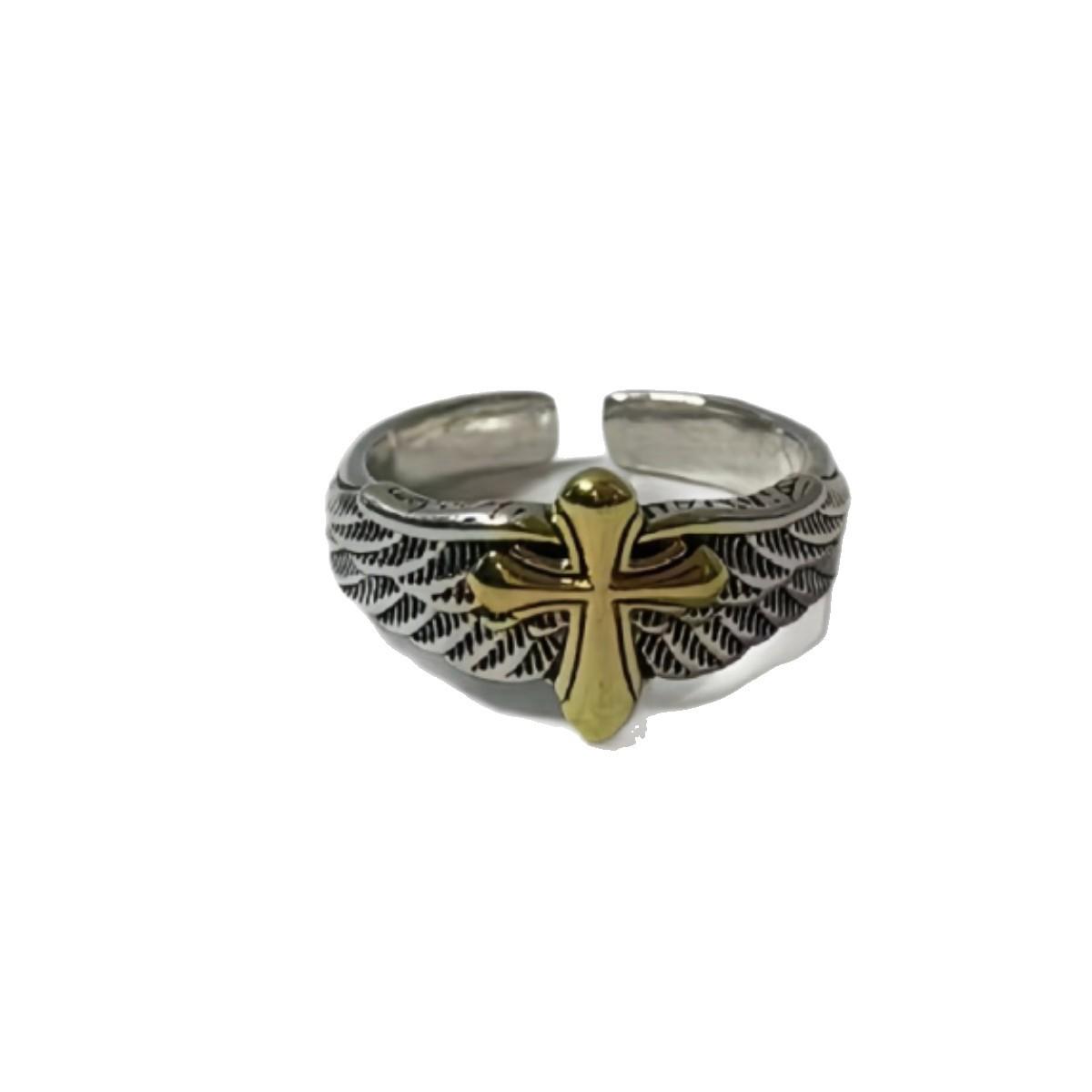 

Men s Korean Retro Winged Cross Hip Hop Open Ring античний срібного кольору