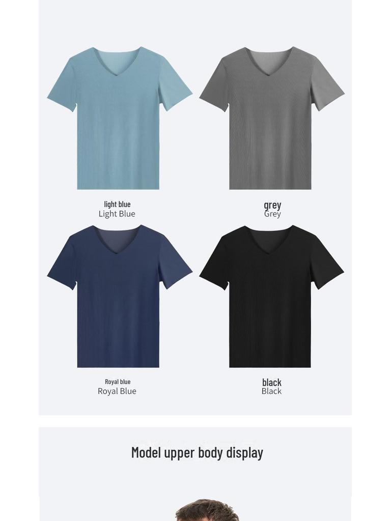 Men's Summer Ice Silk V-Neck T-Shirt – Short Sleeve, Solid Color, Slim Fit
