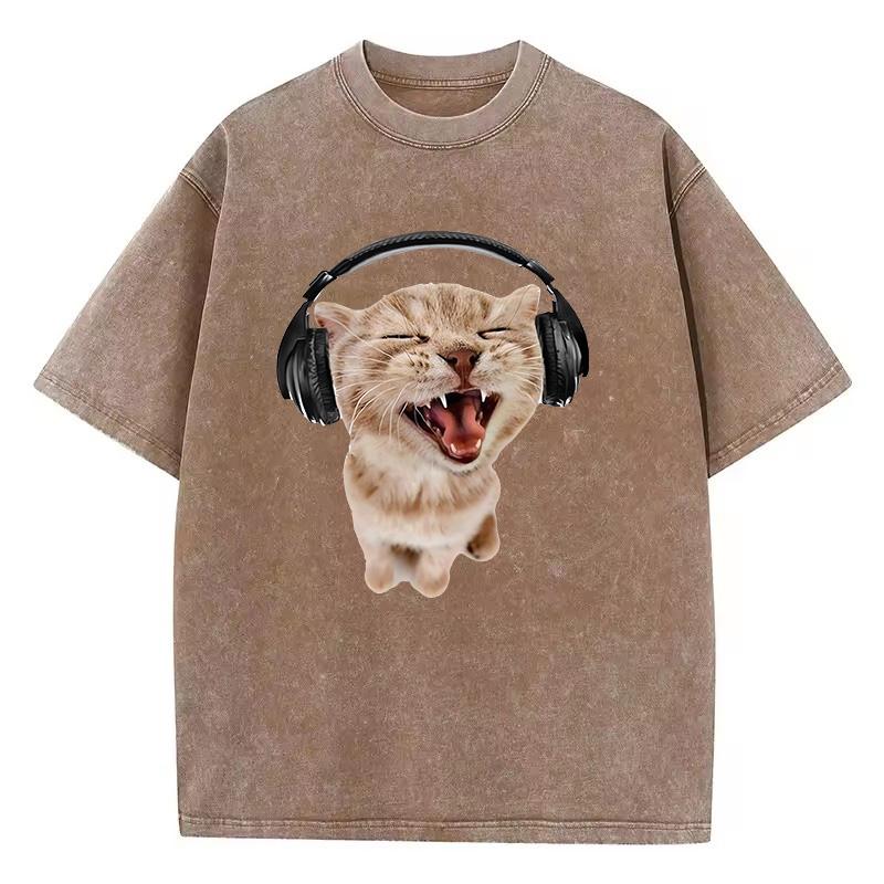 Retro Gewaschenes Baumwoll-T-Shirt Musik Katze Vintage Top Tee Lässige Streetwear Herren Damen Unisex T-Shirt