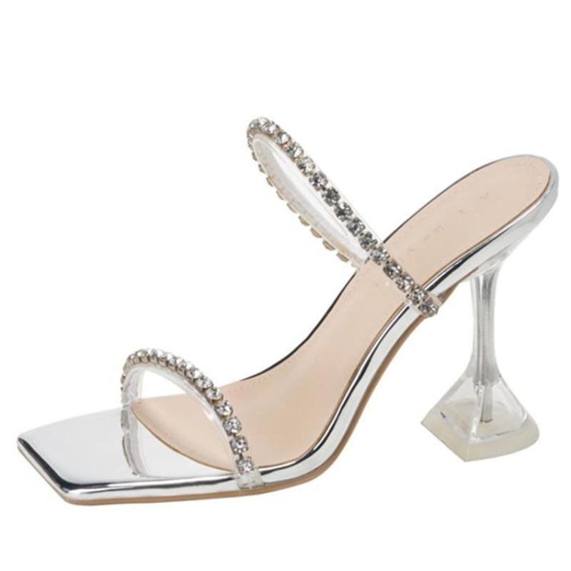 Fashion New Summer Sexy Fashion Open Toe Women's Sandals Water Diamond Shining Square Headed Banquet Women's High Heels Large Design