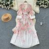 Spring Bohemian Floral Maxi Dresses for Women Runway Cross V-Neck Long Lantern Sleeve Sashes Beach Holiday Dress Boho Robes