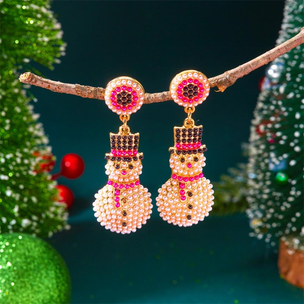 Christmas Full Inlaid Imitation Pearl Rhinestone Snowman Drop Earrings Shiny Snowman Earring Holiday Jewelry Gift For Women Men