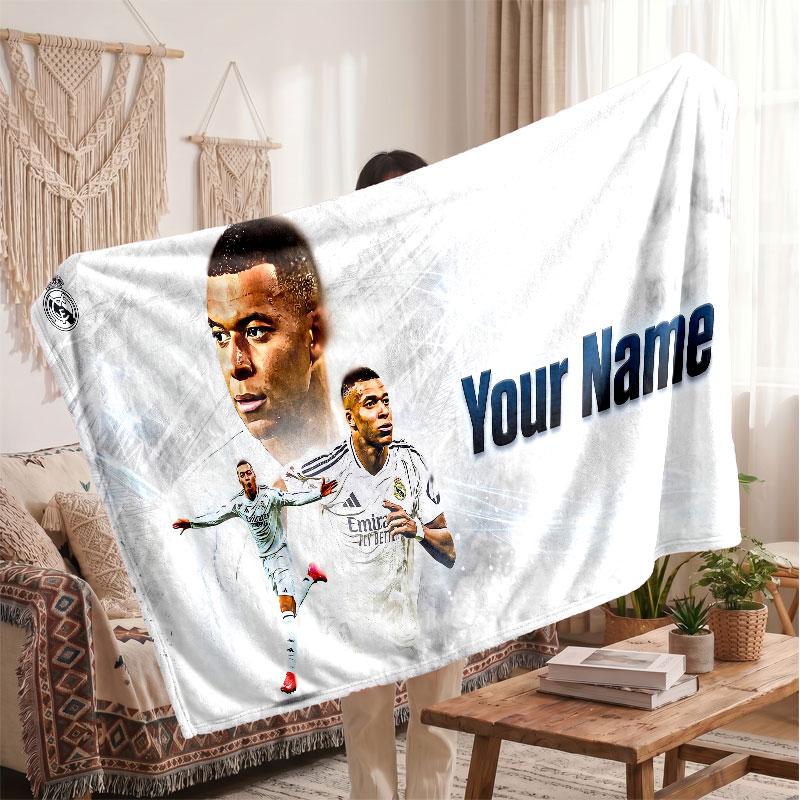 Couverture polaire personnalisée Kylian Mbappe avec logo de football, texte de nom personnalisé, couverture jetée douce et chaude pour la maison