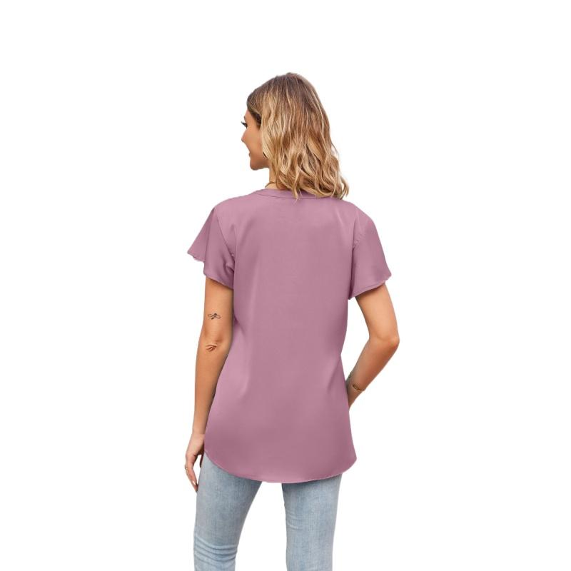 Summer T-shirt European and American New Product Women's Satin V-neck Ruffle Sleeve Fashion Office Work Top S-2XL