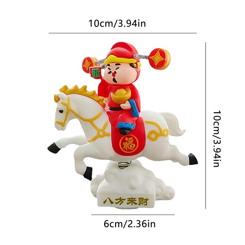 Lucky God of Wealth On Horse Statue Swaying Spring Motion Ornament For Desktop Decors And Vehicle Interior Enhancement
