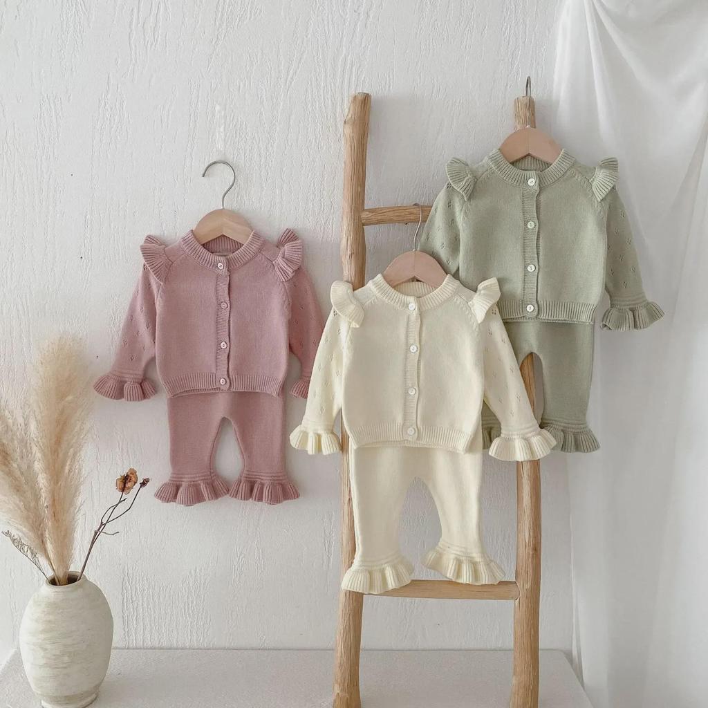 Set din două piese pentru fete, în stil coreean, de culoare uni, cardigan, pulover și pantaloni - Costum cald din dantelă tricotat pentru toamnă și iarnă