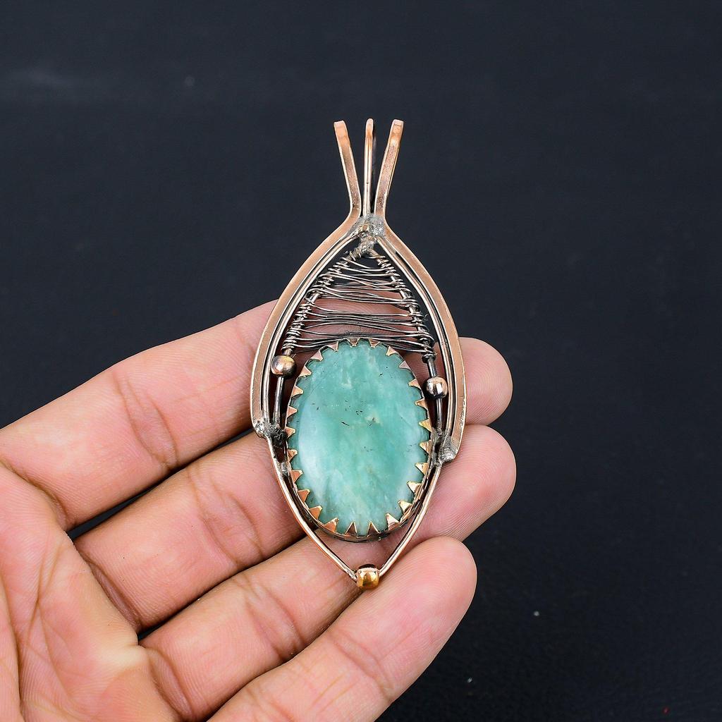 Aquamarine Gemstone Pure Copper Wire Wrapped Handmade Pendant Jewelry