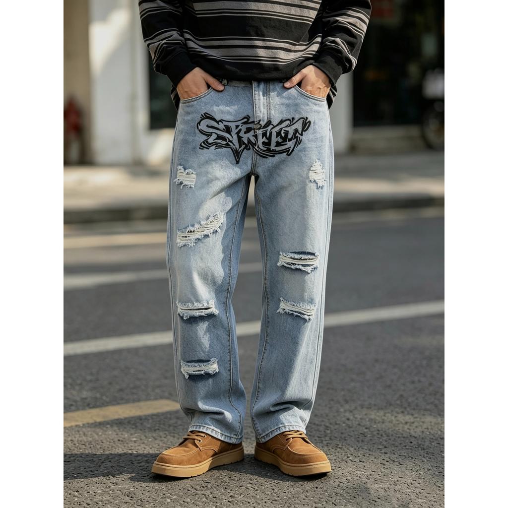 American street hip hop men's clothing graffiti letter printing ripped jeans men's loose straight trendy wide-leg trousers