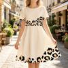 Women Trendy Summer A-Line Dress, Crew Neck Short Sleeve Cut, Partial Leopard Pattern, Cream Flowy Dress For Casual Street Wear