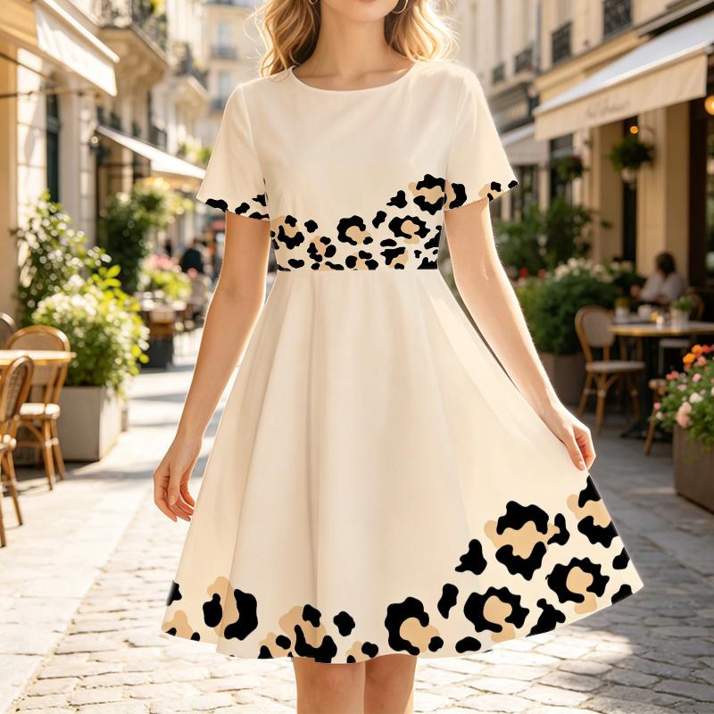 Women Trendy Summer A-Line Dress, Crew Neck Short Sleeve Cut, Partial Leopard Pattern, Cream Flowy Dress For Casual Street Wear