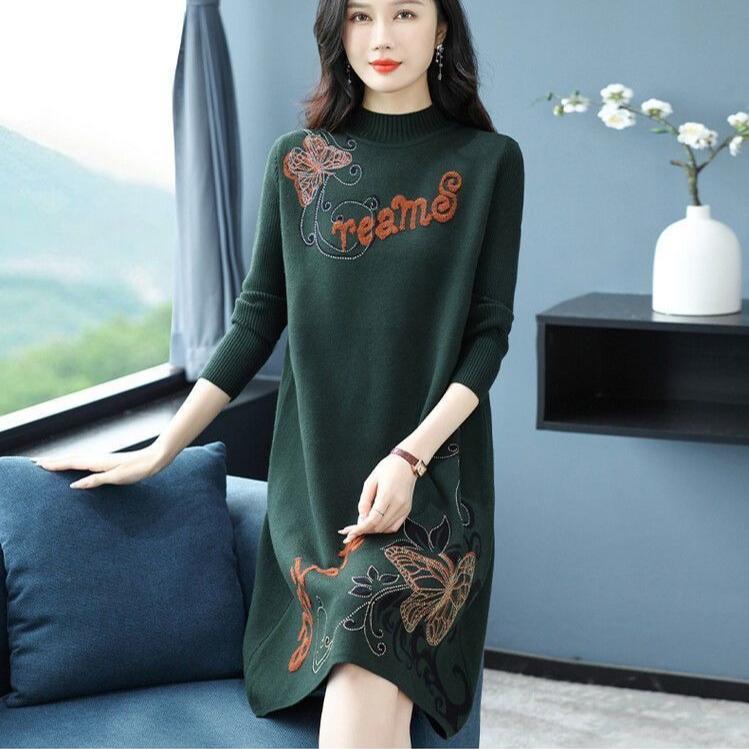 Women's Floral Knit Dress Loose Mid-length Thick Knit Sweater Dress Pullover Knit Dress