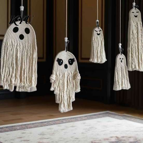Bohemian Ghost Wall Decor Handmade Cotton Rope Hanging Ornament for Halloween, Indoor Outdoor Rustic Festive Atmosphere Props Pendent Front