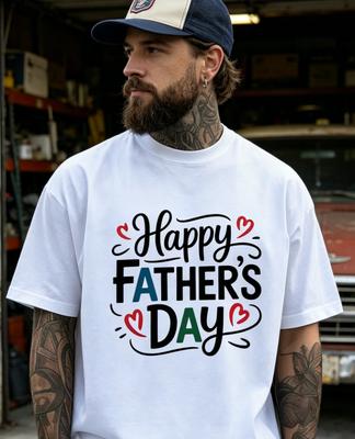 Unisex Shortsleeved Tshirt Happy Fathers Day Graphic Tee Bold Lettering With Heart Dads Stepdads Figures Ideal Fathers Day