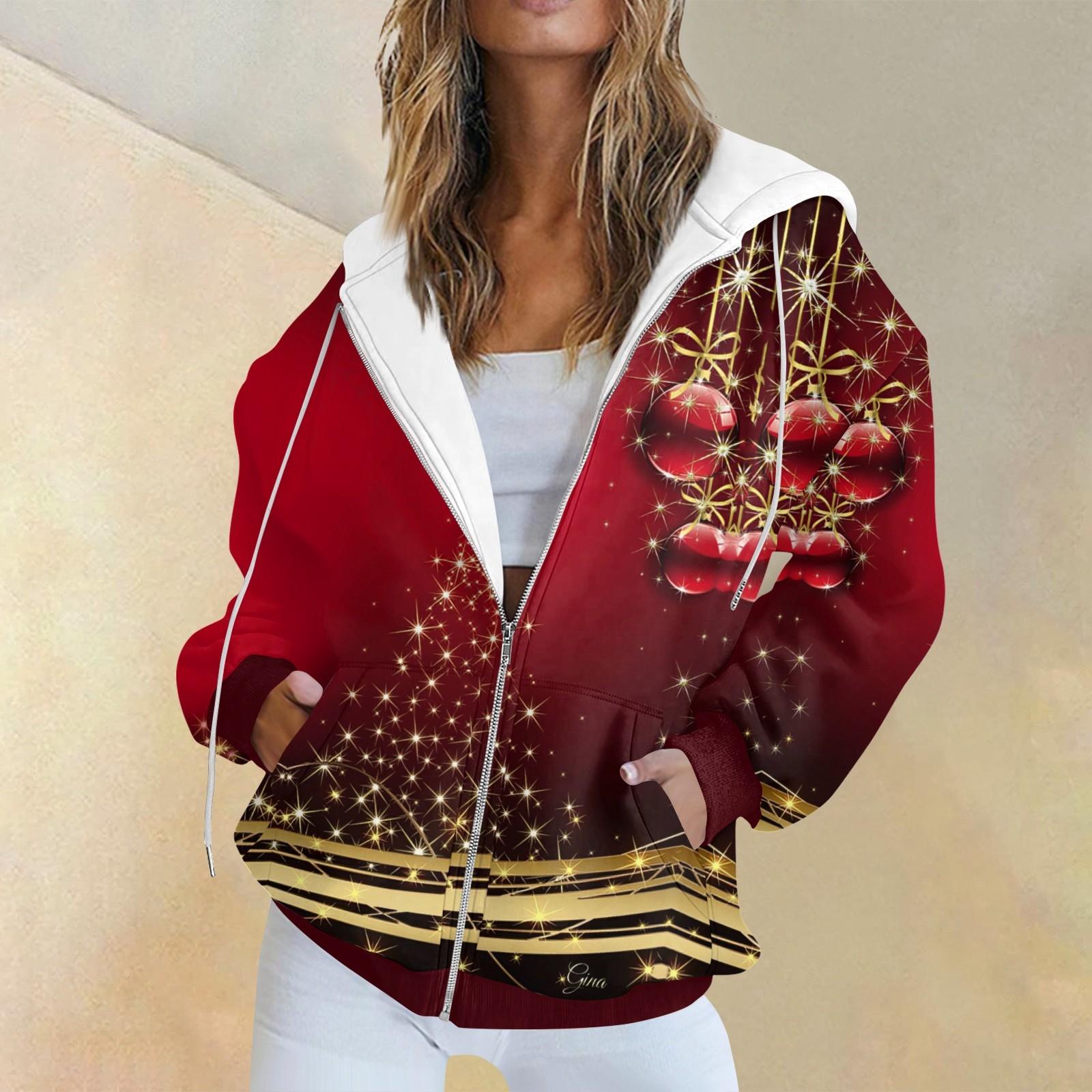 

Женская модная повседневная толстовка с рождественским принтом и длинными рукавами, карманная куртка, пальто с капюшоном на молнии S винный