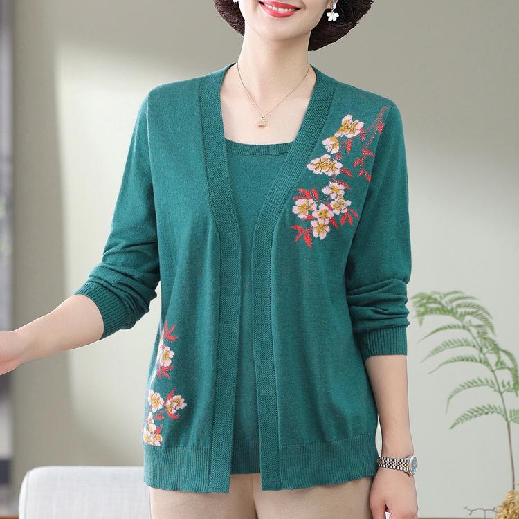 Fashionable Mother Wear Autumn Sweater for Middle-aged and Elderly Leave Two-piece Sweater Shirt for Middle-aged Women's Embroidered Clothes New Style