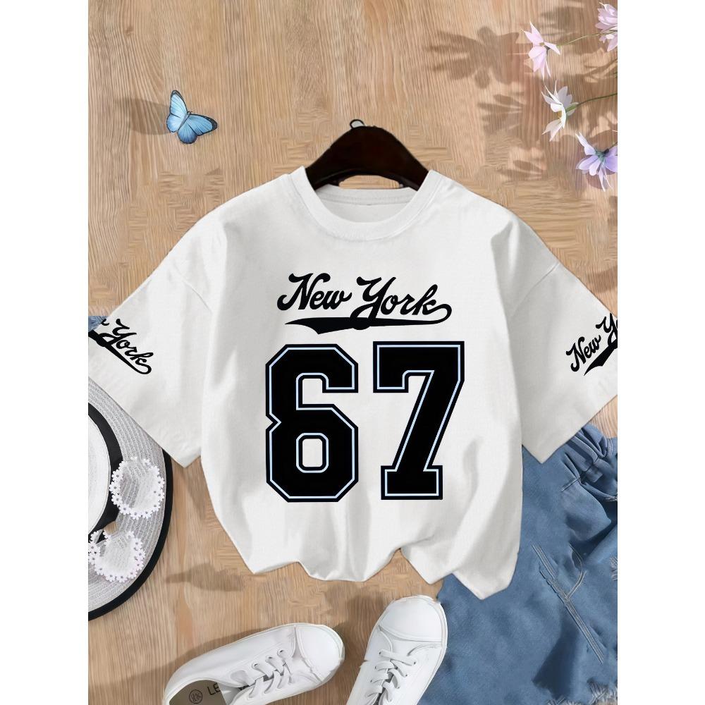 Girls' Number 67 New York Print Summer Short-Sleeve  T-Shirt Pink Elastic Round Neck Children's Top Fashion Design