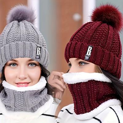 2pcs Knit Hat Scarf Set Thick Plush Windproof Cozy Warm for Autumn/Winter Hat EMA