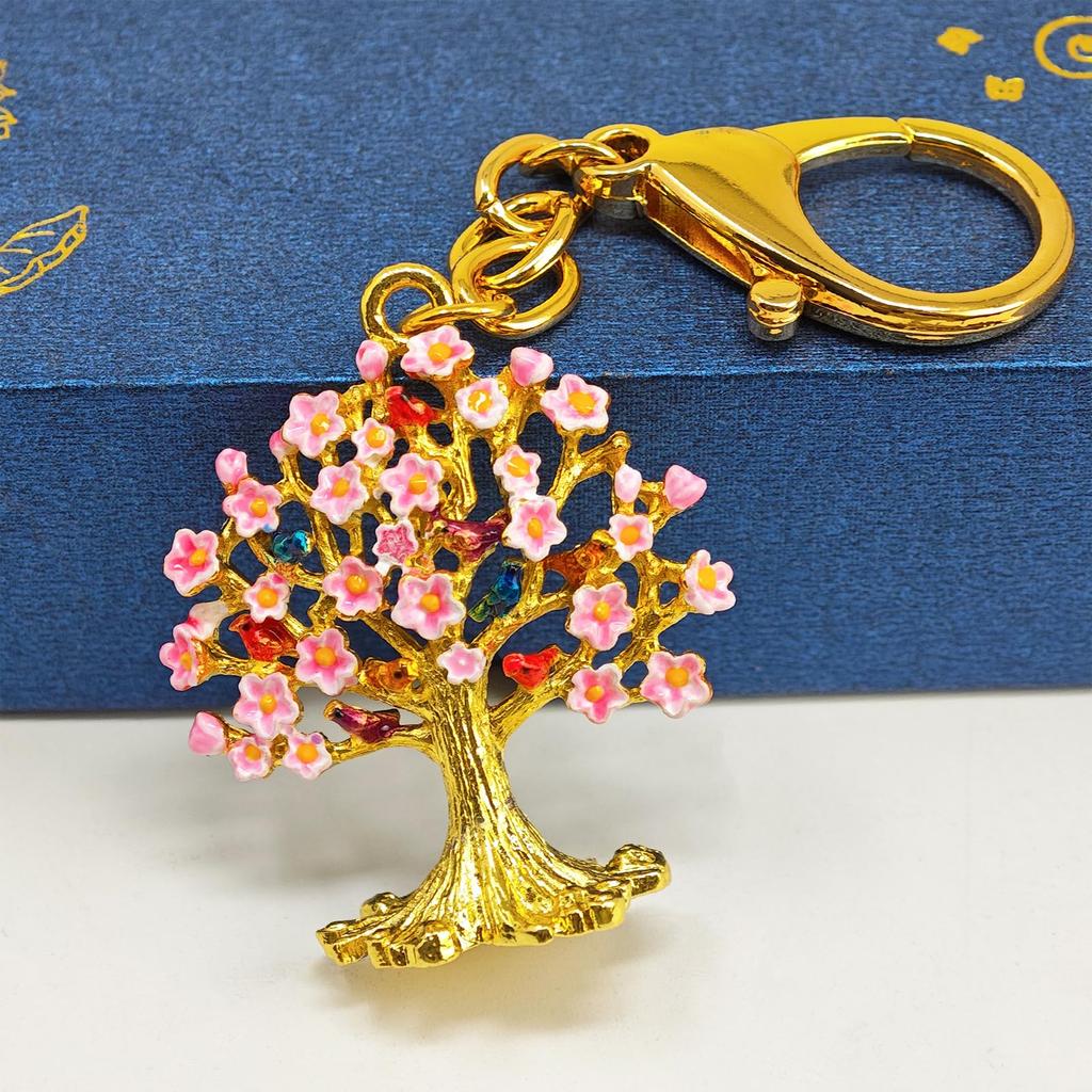 [YISHUI] Good Luck and Wealth Keychain with Cherry Blossom Tree Design - 9 Little Birds, Spring Energy Amulet, Wealth Expansion, New Beginnings,