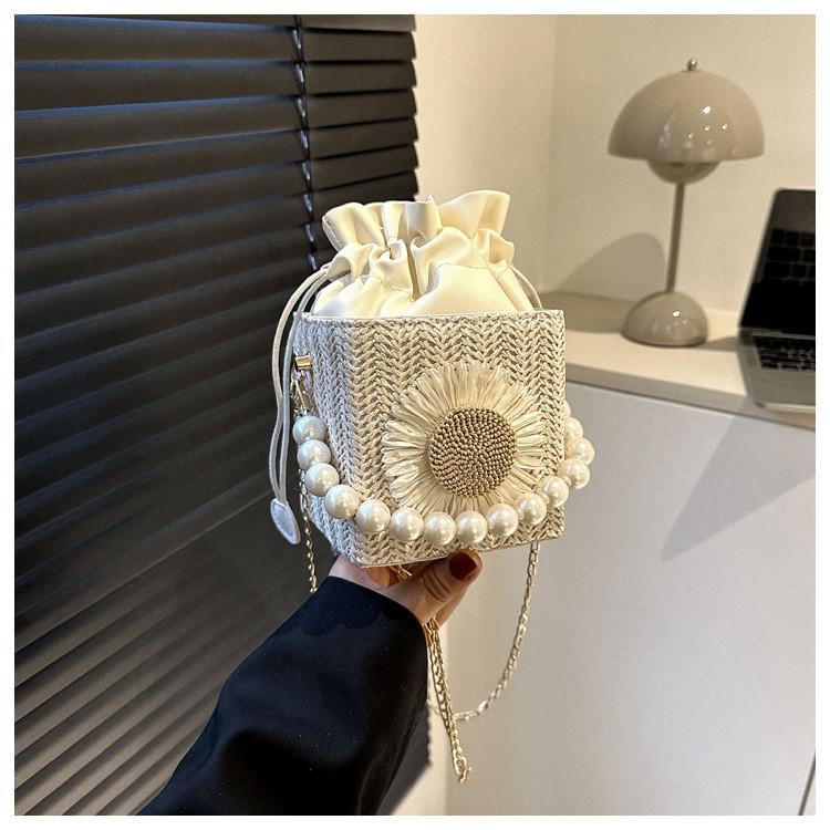 Trendy Woven Crossbody Bag With Pearl Embellishments For Girls