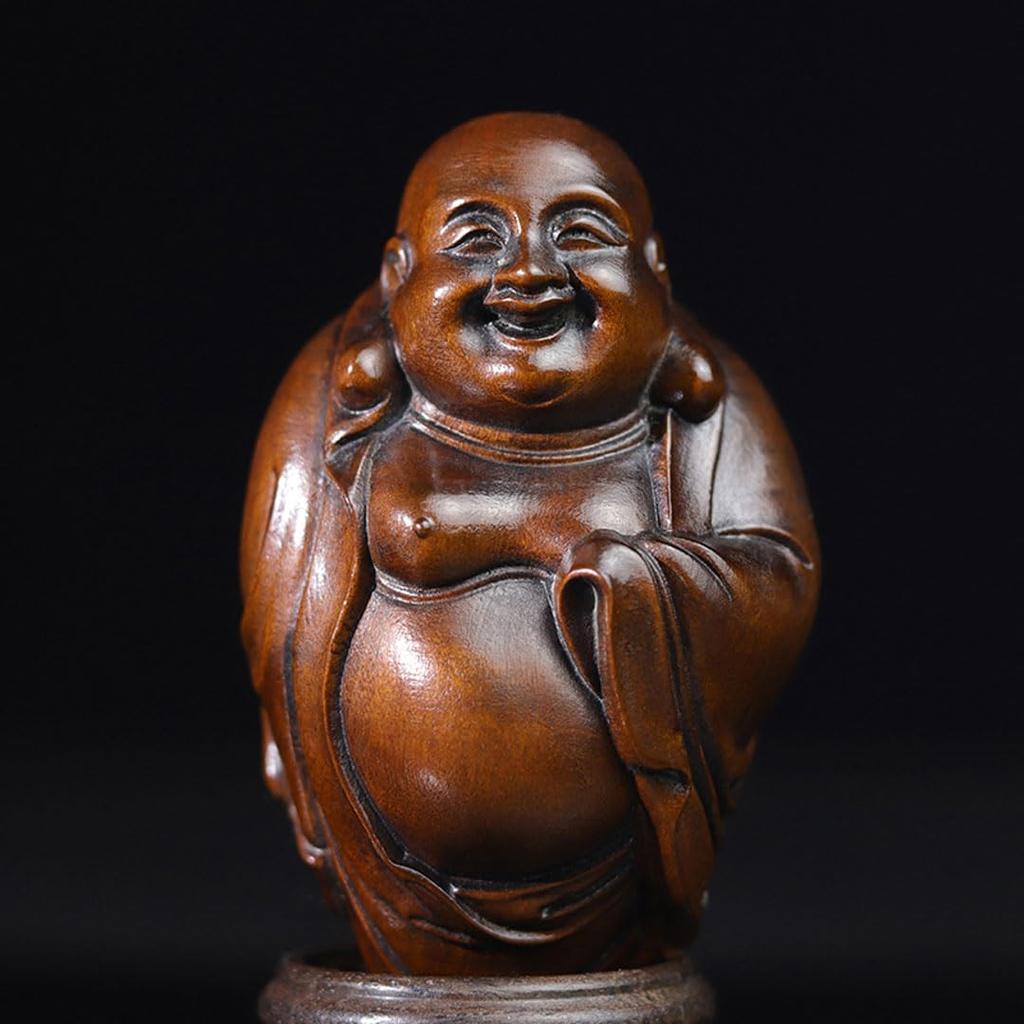 Sieben Glücksgötter Schmuckstück Holzschnitzerei Hotei Buchsbaumholz Antikfarben Buddha Statue Mini Hotei Schmuckstück Geldglück Amulett 8cm x Breite 5cm x Tiefe