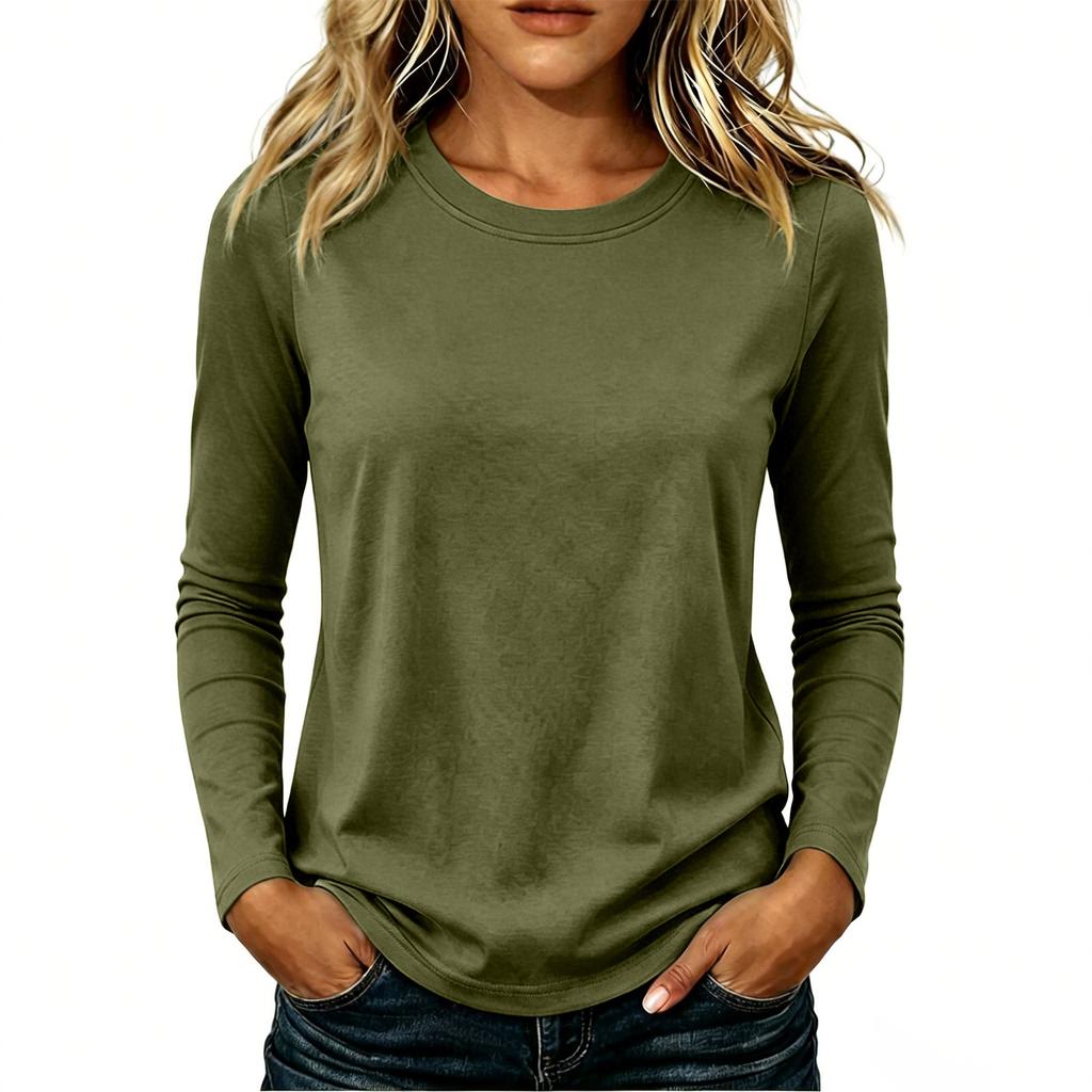 Women's Casual Long Sleeve Solid Color Crew Neck Shirt Lightweight Soft Fabric Relaxed Fit Everyday Wear