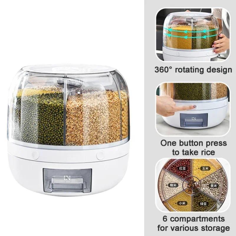 6KG Household Rotatable Rice Dispenser Sealed Dry Grain Bucket Dispenser Moisture-proof Kitchen Food Container Storage Box