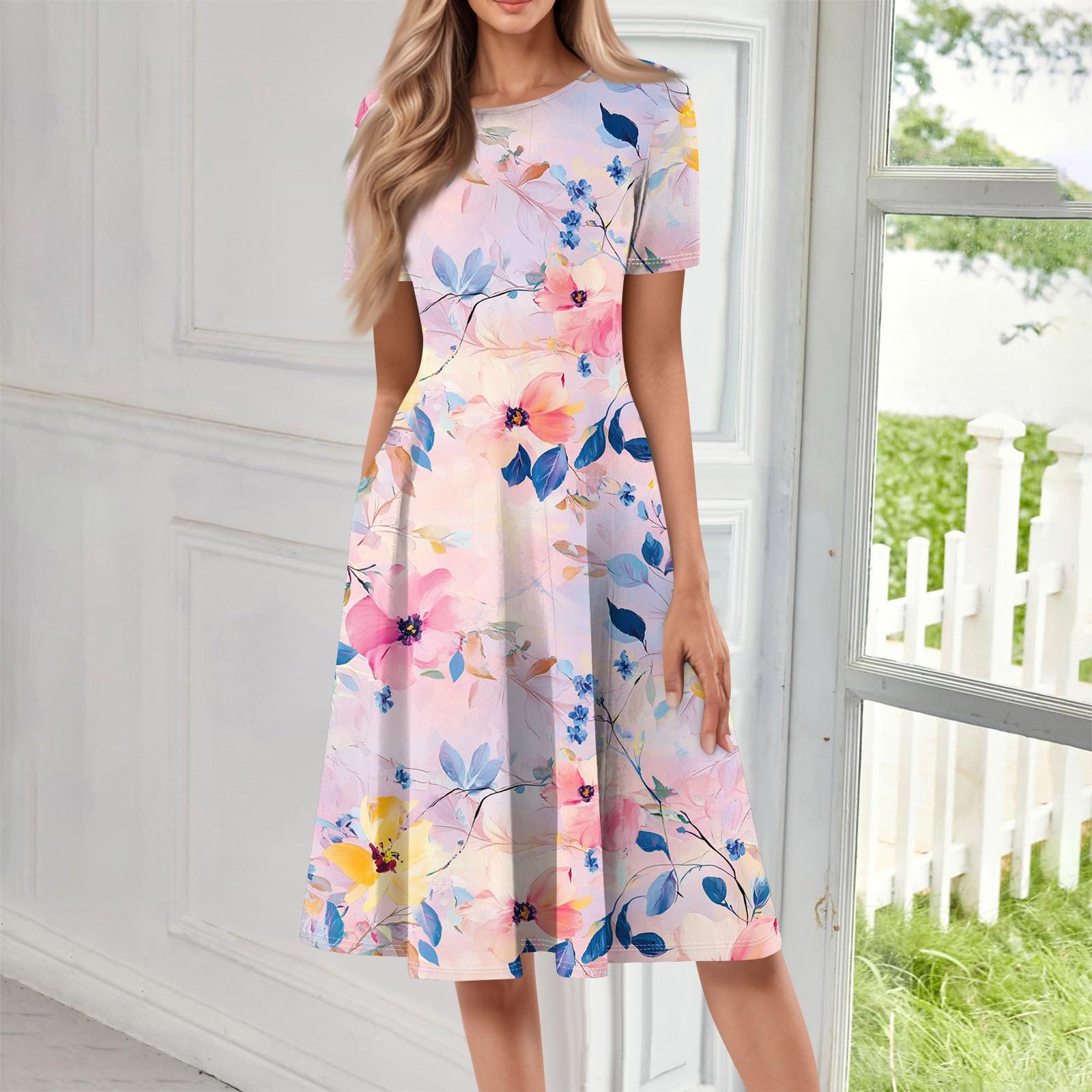 

Жіноча вільна повсякденна та модна сукня середньої довжини з круглим вирізом і короткими рукавами з принтом XXXL рожевий