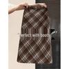 Women's Melanoid Brown Plaid Woolen Straight Skirt - Pear Shape, Perfect for Spring & Autumn